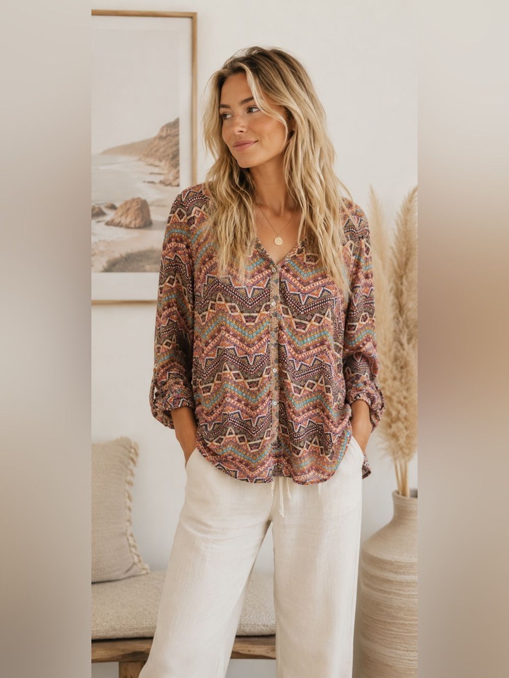 Figueroa and Flower Boho Multicolor V-Neck Printed Blouse